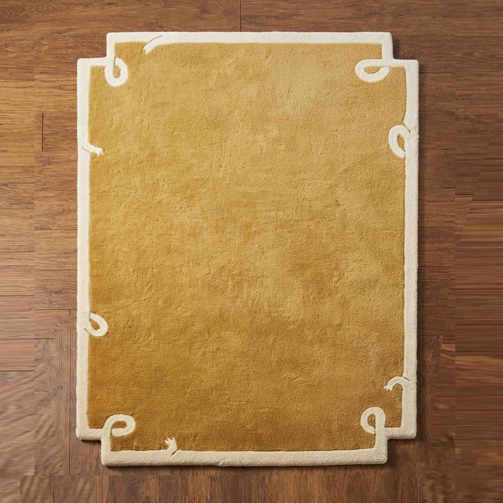 Modern Mustard Brown Area Rug with Ivory Border and Minimalist Abstract Corner Design for Elegant Home Decor