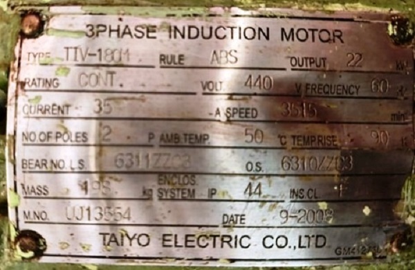 Taiyo Electric 22 Kw 3-Phase Marine Induction Motor - Frequency: 60 Hz