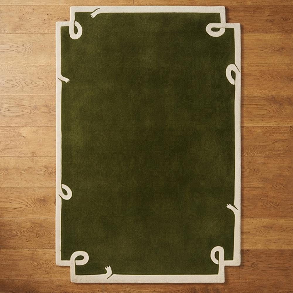 Modern Olive Green Area Rug with Ivory Border and Minimalist Abstract Corner Design for Elegant Home Decor