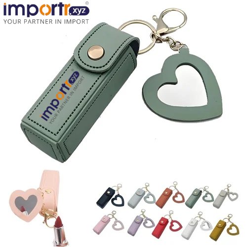 Portable Heart Mirror Lipstick Case Leather Mini Storage Pouch