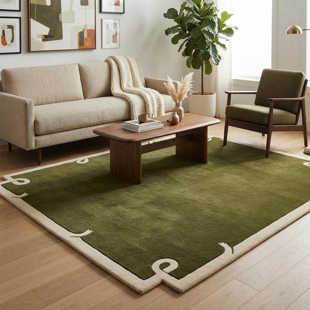 Modern Olive Green Area Rug with Ivory Border and Minimalist Abstract Corner Design for Elegant Home Decor
