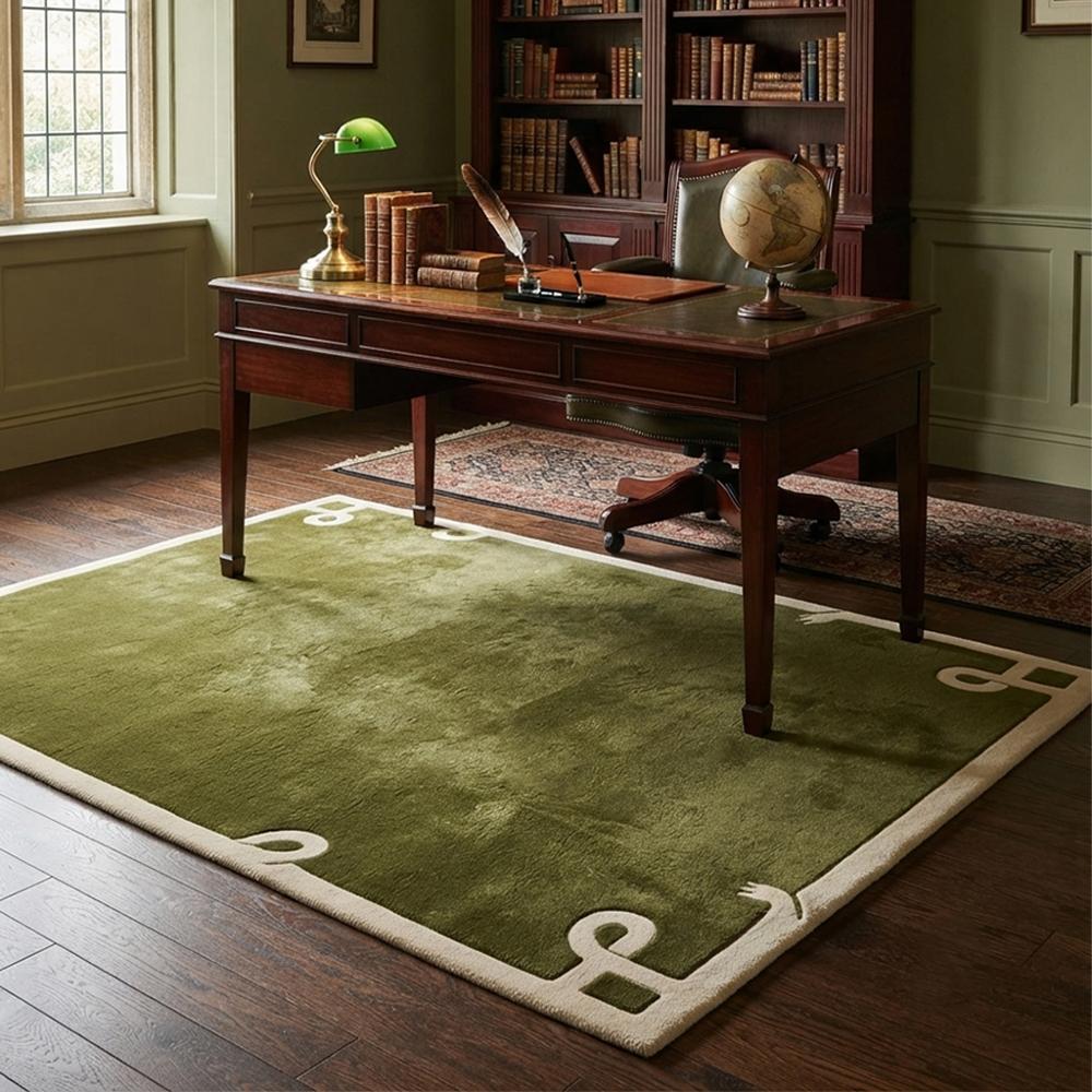 Modern Olive Green Area Rug with Ivory Border and Minimalist Abstract Corner Design for Elegant Home Decor