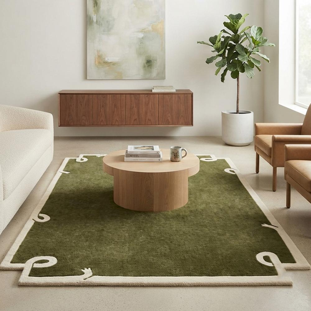 Modern Olive Green Area Rug with Ivory Border and Minimalist Abstract Corner Design for Elegant Home Decor