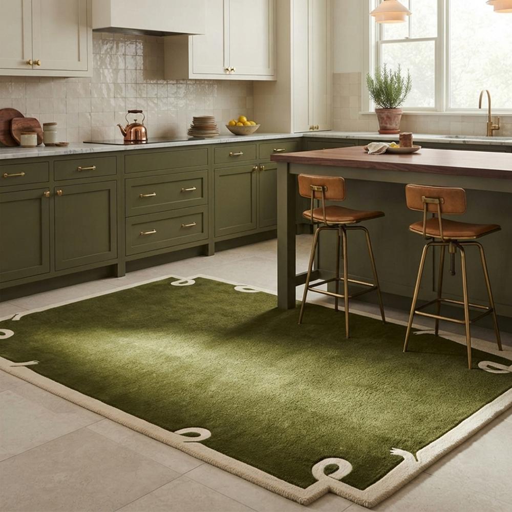 Modern Olive Green Area Rug with Ivory Border and Minimalist Abstract Corner Design for Elegant Home Decor