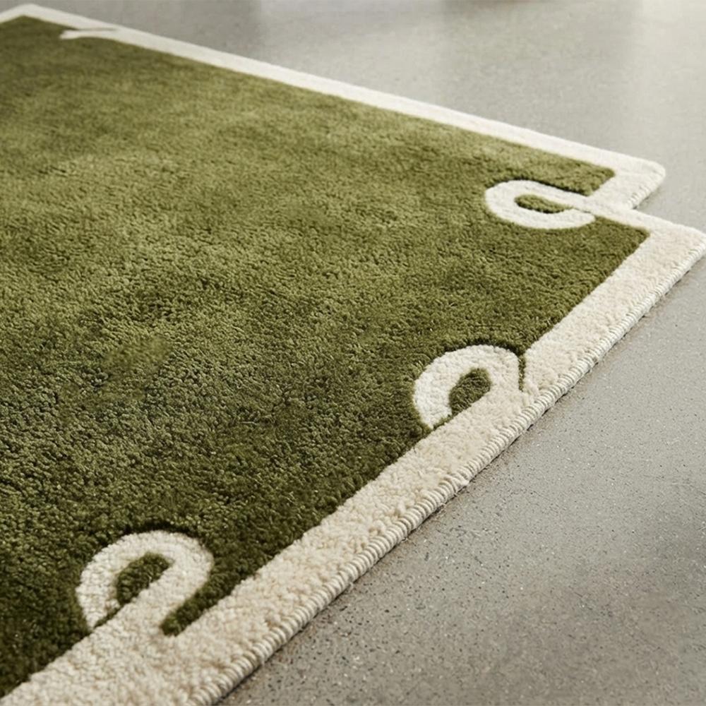 Modern Olive Green Area Rug with Ivory Border and Minimalist Abstract Corner Design for Elegant Home Decor