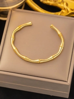 Golden Bamboo Open Cuff Bracelet - Color: Gold