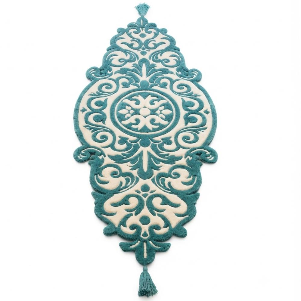Elegant Teal and Ivory Hand Tufted Rug with Ornate Floral Medallion Design and Decorative Tassels
