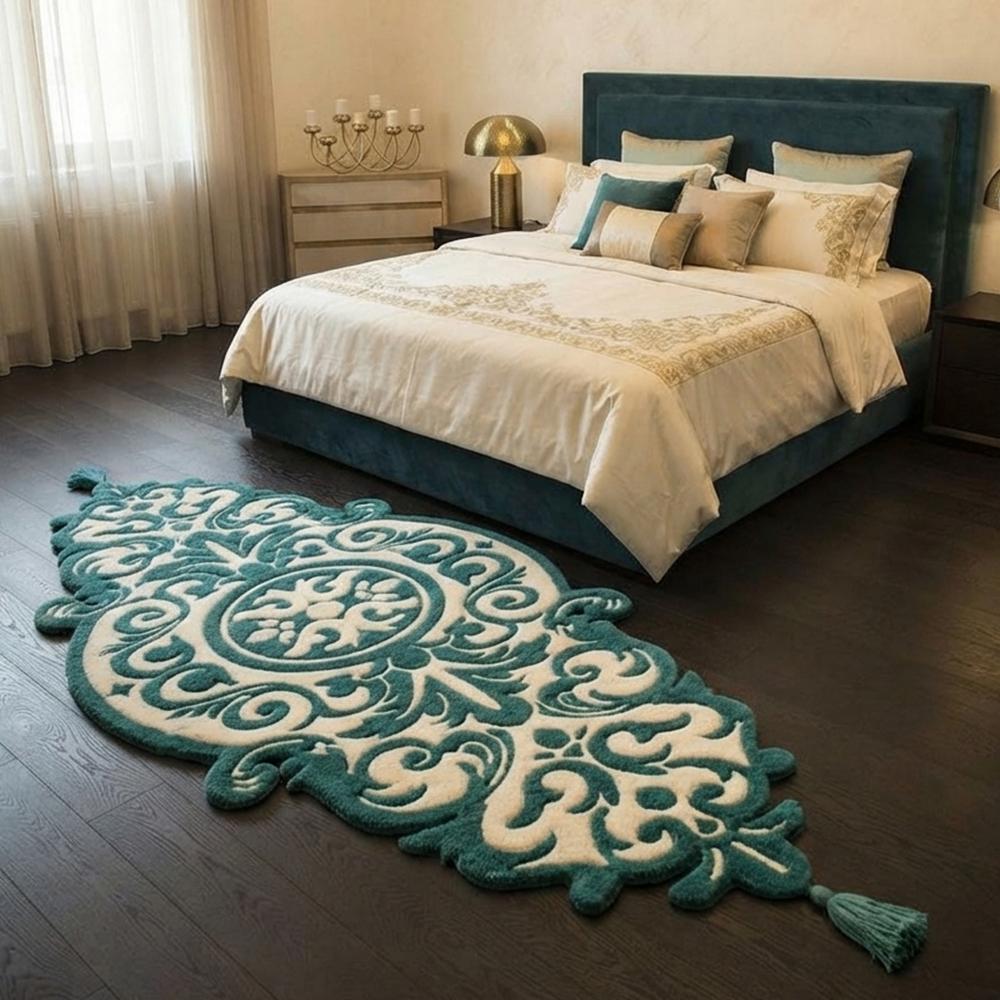 Elegant Teal and Ivory Hand Tufted Rug with Ornate Floral Medallion Design and Decorative Tassels