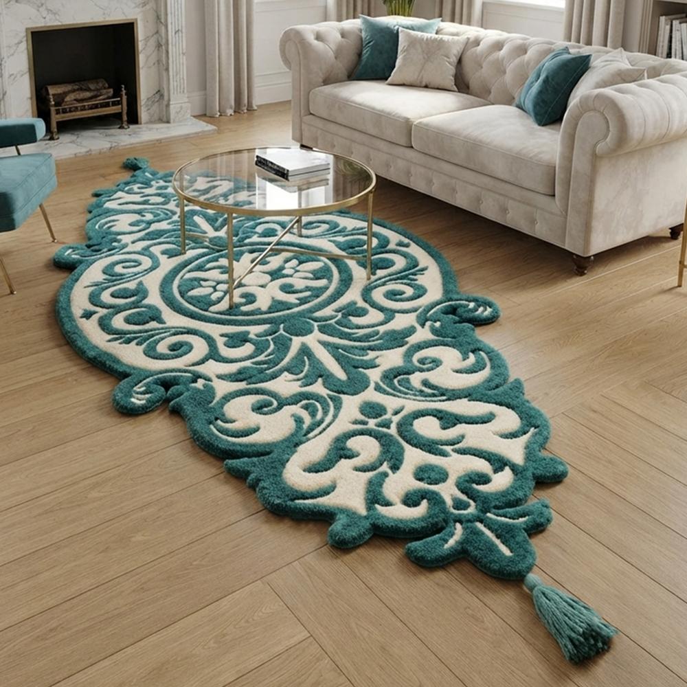 Elegant Teal and Ivory Hand Tufted Rug with Ornate Floral Medallion Design and Decorative Tassels