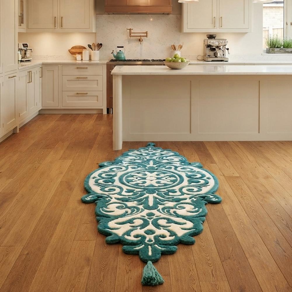 Elegant Teal and Ivory Hand Tufted Rug with Ornate Floral Medallion Design and Decorative Tassels