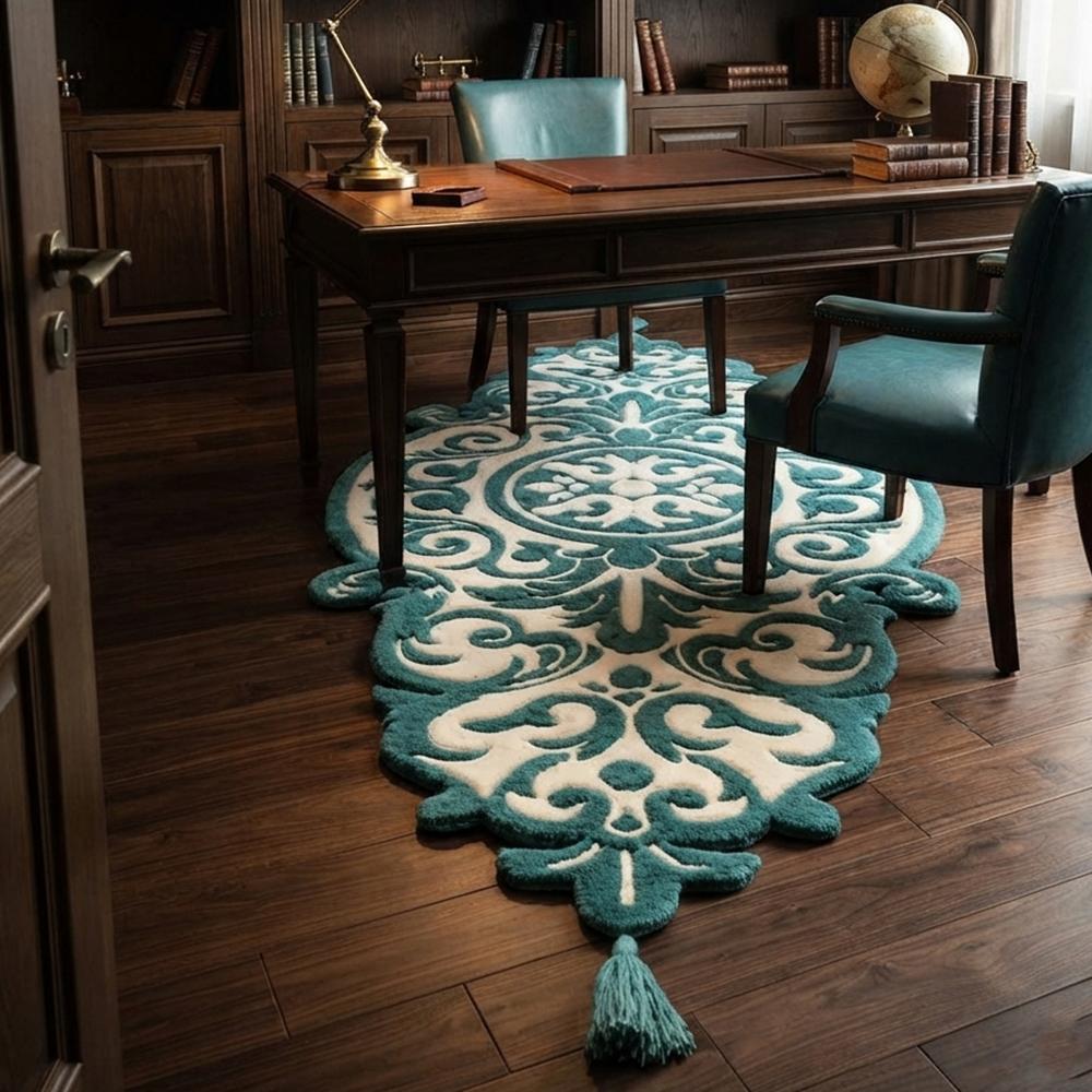Elegant Teal and Ivory Hand Tufted Rug with Ornate Floral Medallion Design and Decorative Tassels
