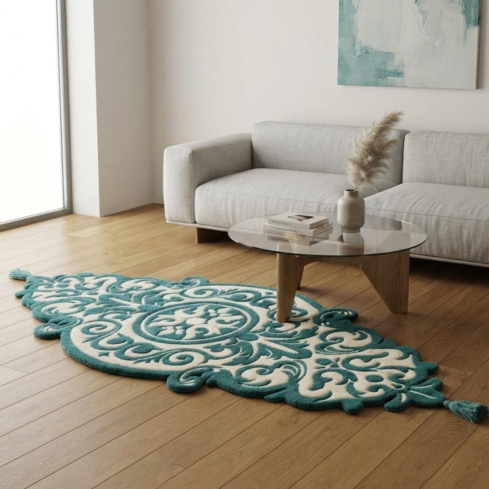 Elegant Teal and Ivory Hand Tufted Rug with Ornate Floral Medallion Design and Decorative Tassels