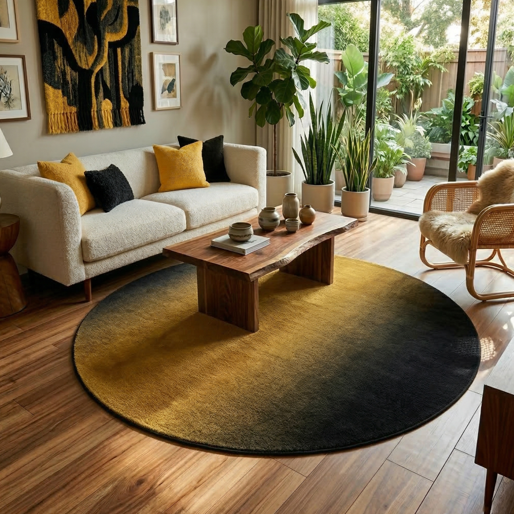 Round Black and Gold Gradient Tufted Rug