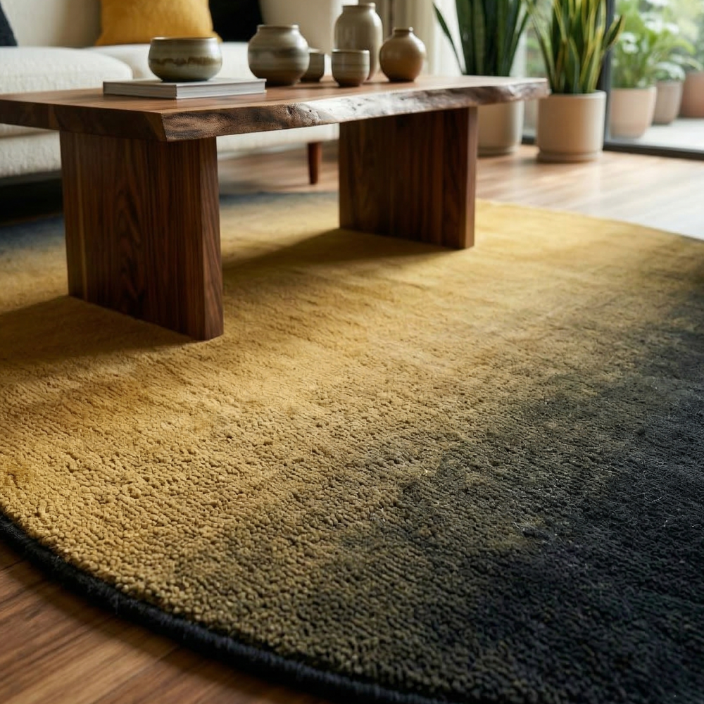 Round Black and Gold Gradient Tufted Rug