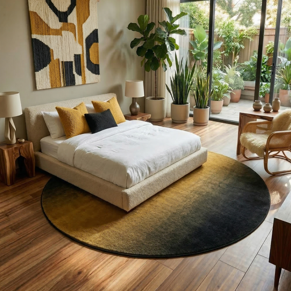 Round Black and Gold Gradient Tufted Rug