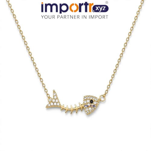Gold Plated Fishbone Pendant Necklace With Micro-Paved Zircon For Women - Material: Base Metal