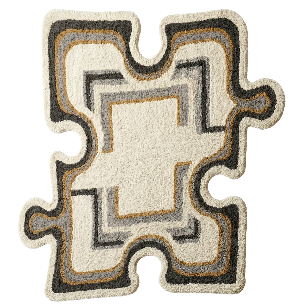 Irregular Shape Abstract Tufted Rug in Ivory Grey and Mustard