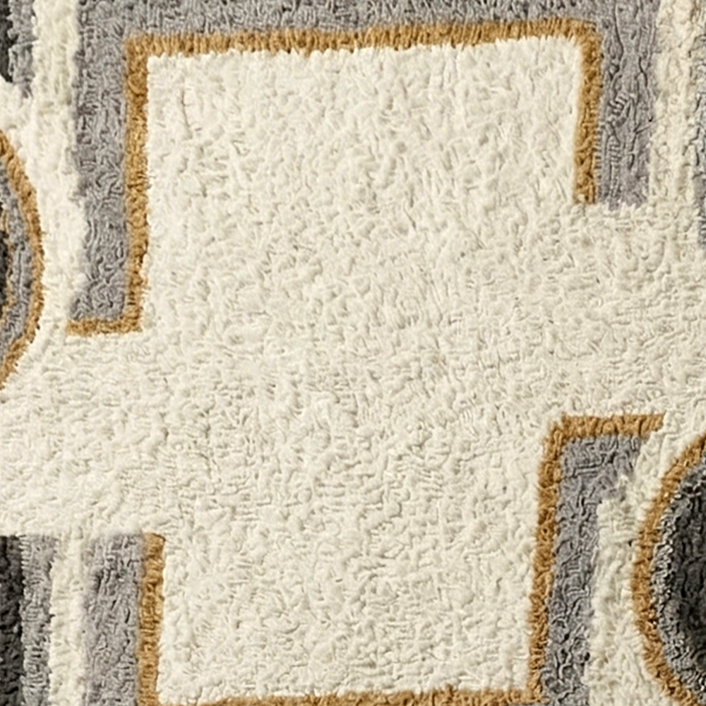 Irregular Shape Abstract Tufted Rug in Ivory Grey and Mustard