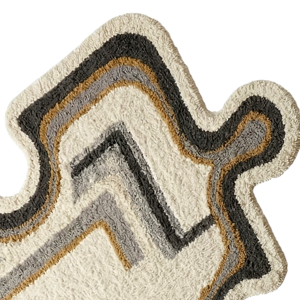 Irregular Shape Abstract Tufted Rug in Ivory Grey and Mustard