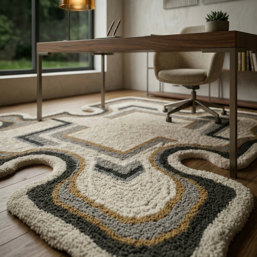 Irregular Shape Abstract Tufted Rug in Ivory Grey and Mustard