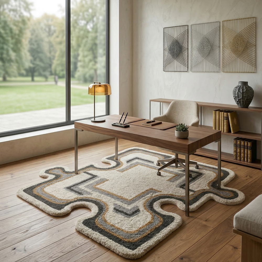 Irregular Shape Abstract Tufted Rug in Ivory Grey and Mustard