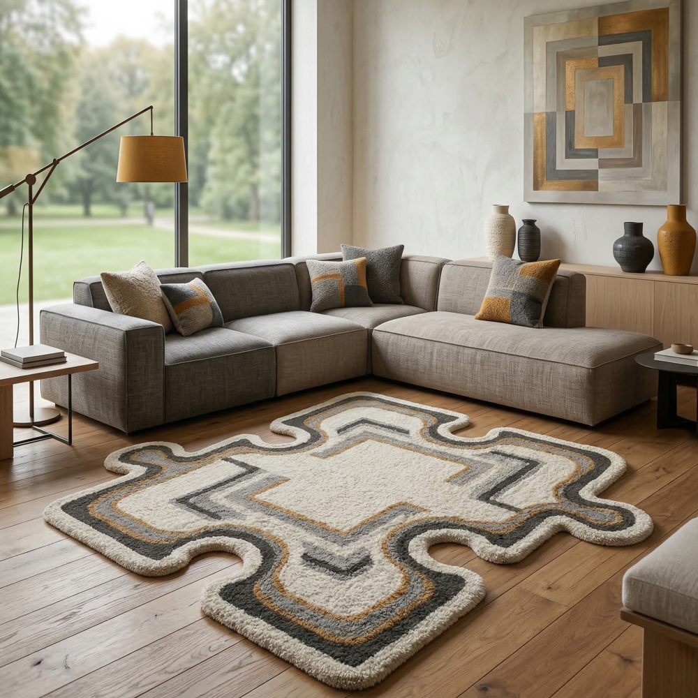Irregular Shape Abstract Tufted Rug in Ivory Grey and Mustard