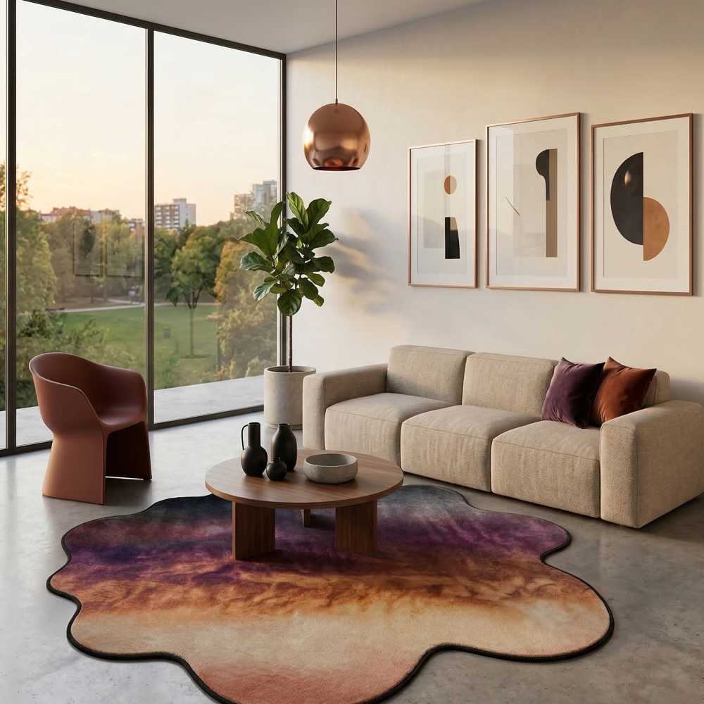 Modern Irregular Hand Tufted Rug in Purple Orange and Cream