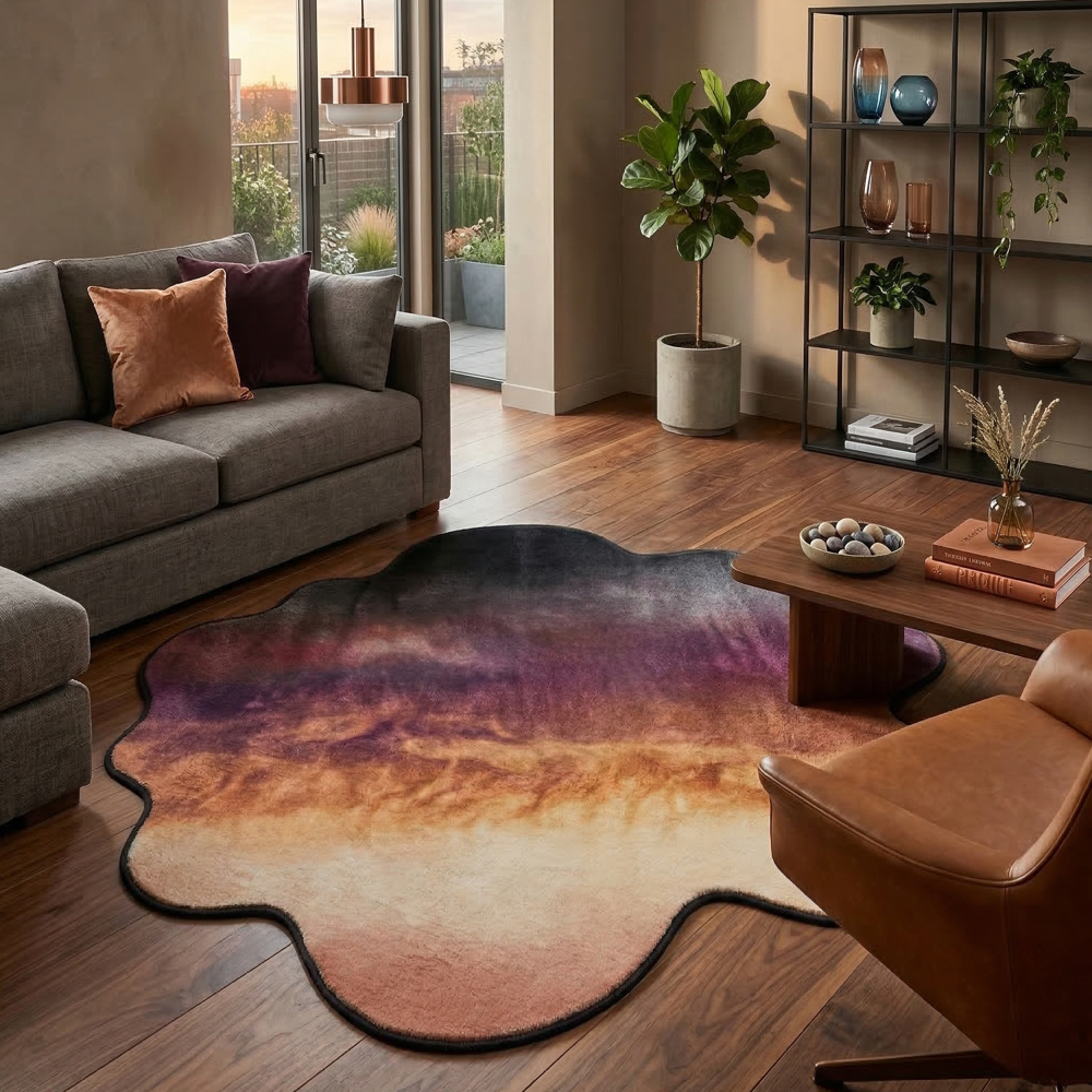 Modern Irregular Hand Tufted Rug in Purple Orange and Cream