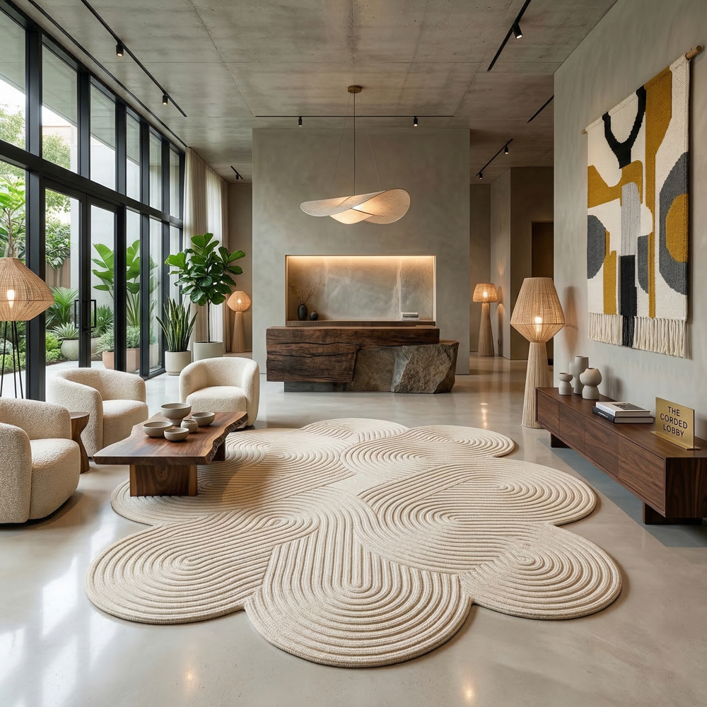 Cream Abstract Tufted Rug, Wavy Cloud Shape Carpet, Modern Living Room Decor