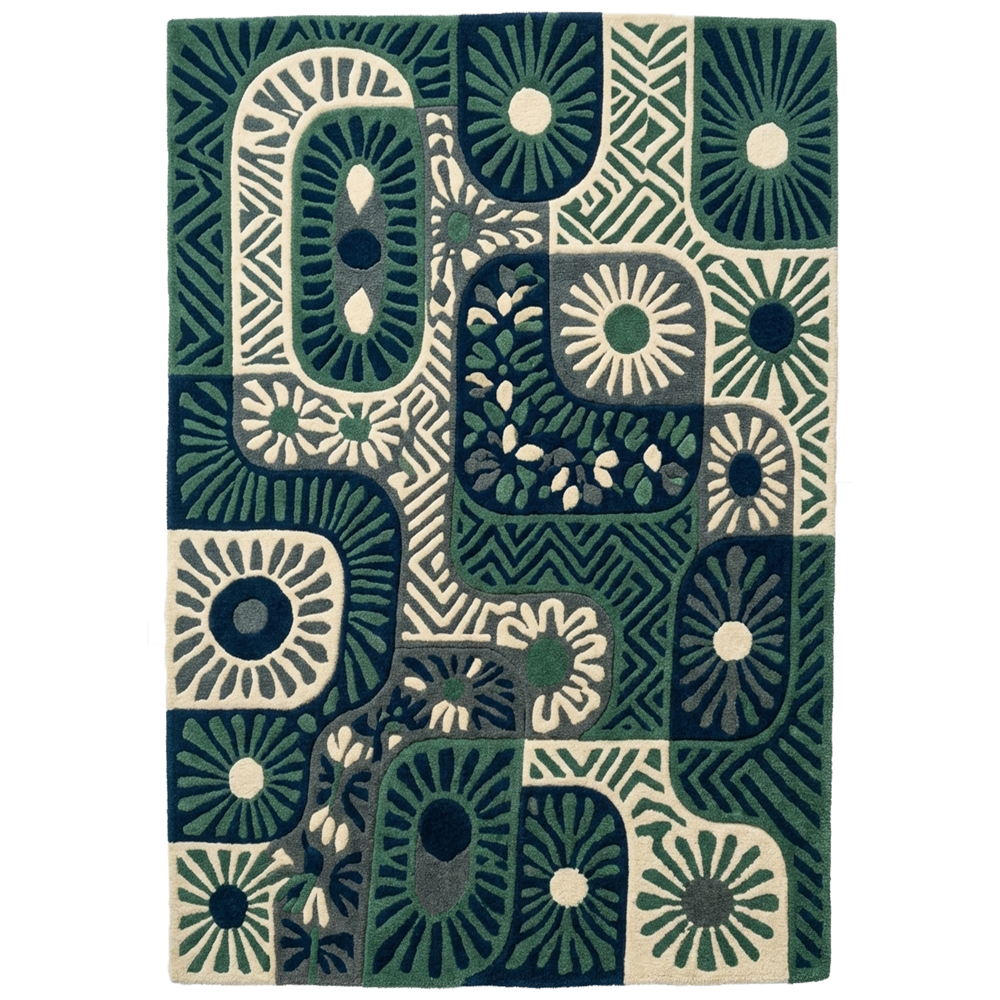 Blue Green Abstract Wool Rug, Floral Tufted Carpet, Modern Living Room Decor - Backing Material: Canvas Latex