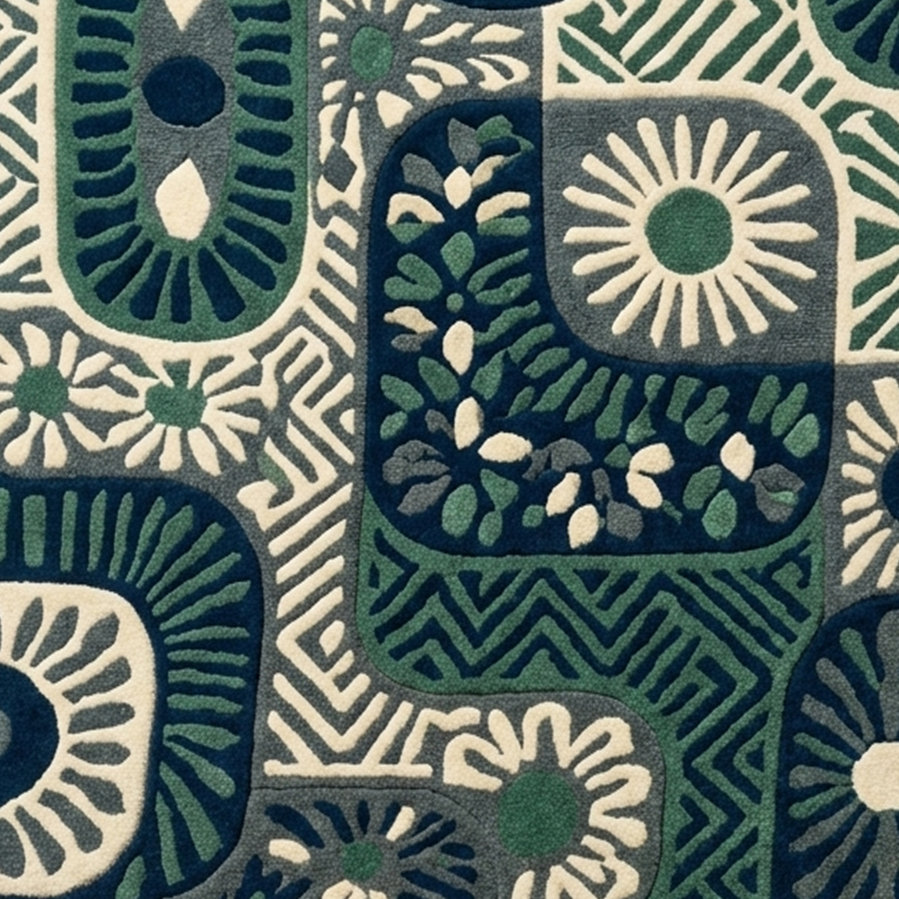 Blue Green Abstract Wool Rug, Floral Tufted Carpet, Modern Living Room Decor