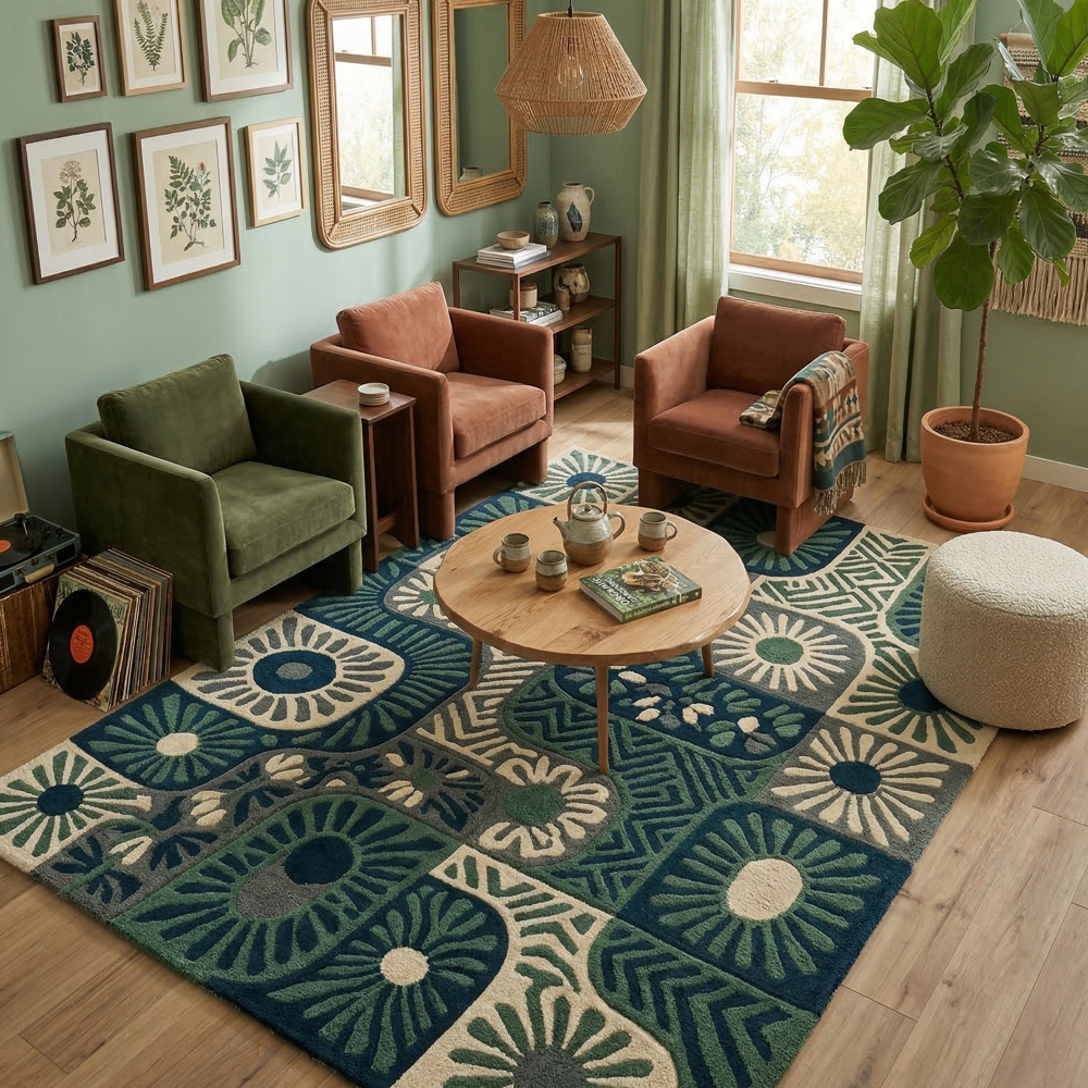Blue Green Abstract Wool Rug, Floral Tufted Carpet, Modern Living Room Decor