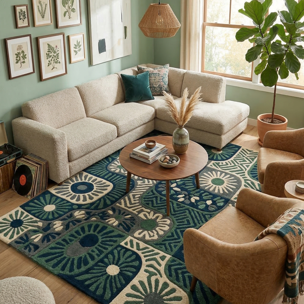 Blue Green Abstract Wool Rug, Floral Tufted Carpet, Modern Living Room Decor