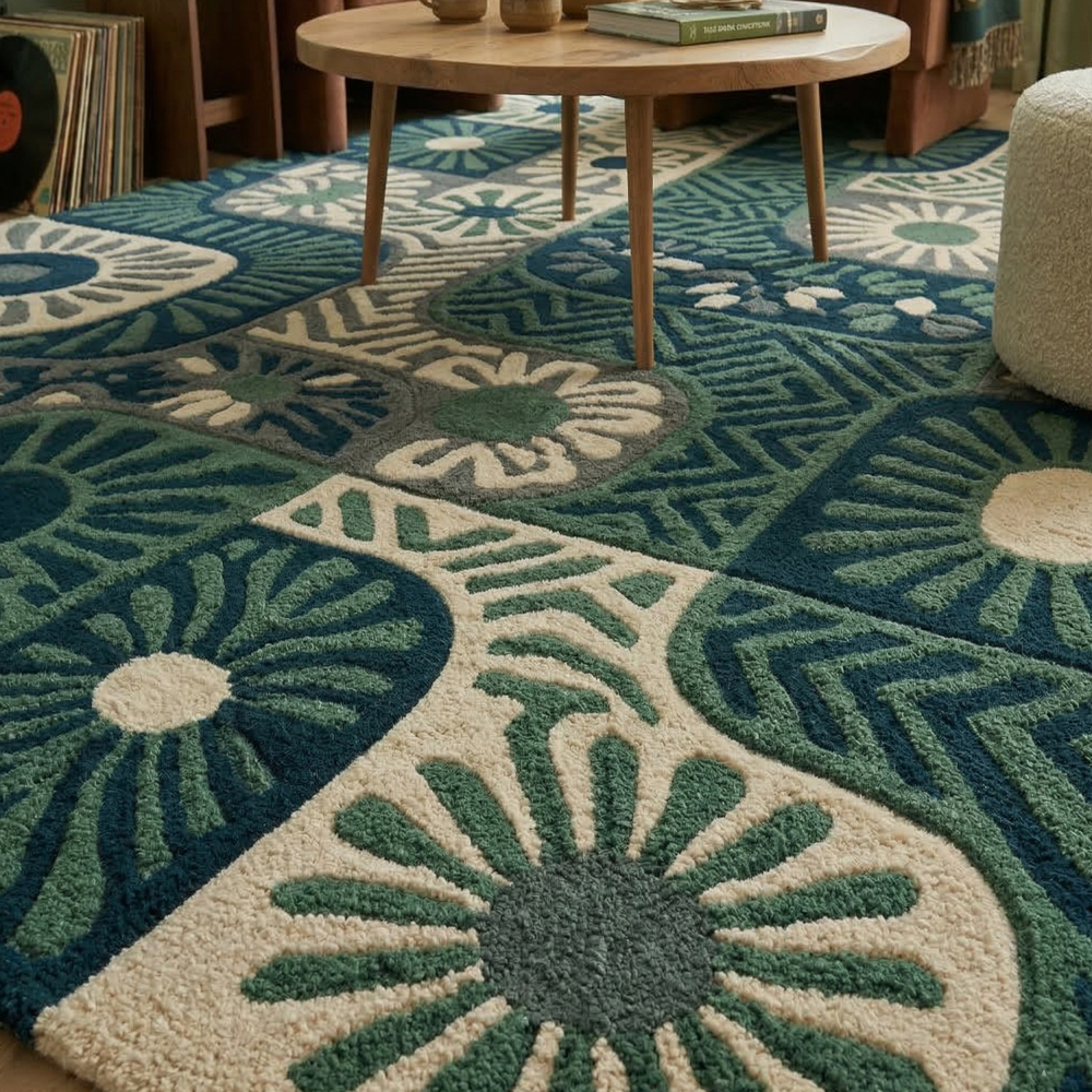 Blue Green Abstract Wool Rug, Floral Tufted Carpet, Modern Living Room Decor