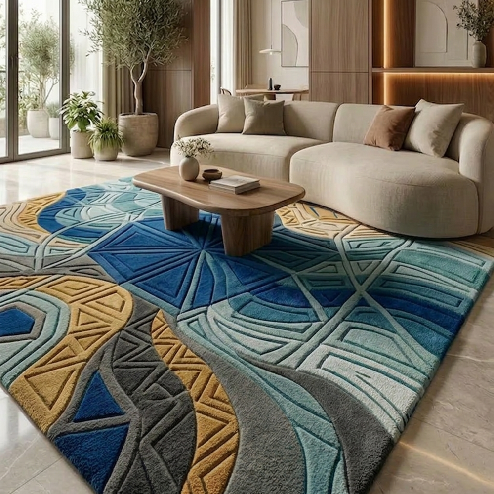 Abstract Floral Area Rug, Blue Grey & Gold, Modern Living Room Carpet