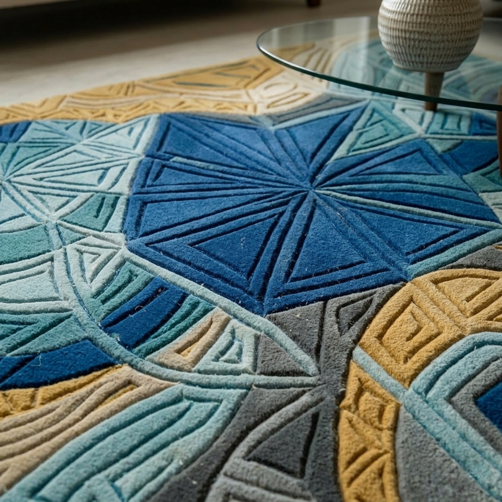 Abstract Floral Area Rug, Blue Grey & Gold, Modern Living Room Carpet