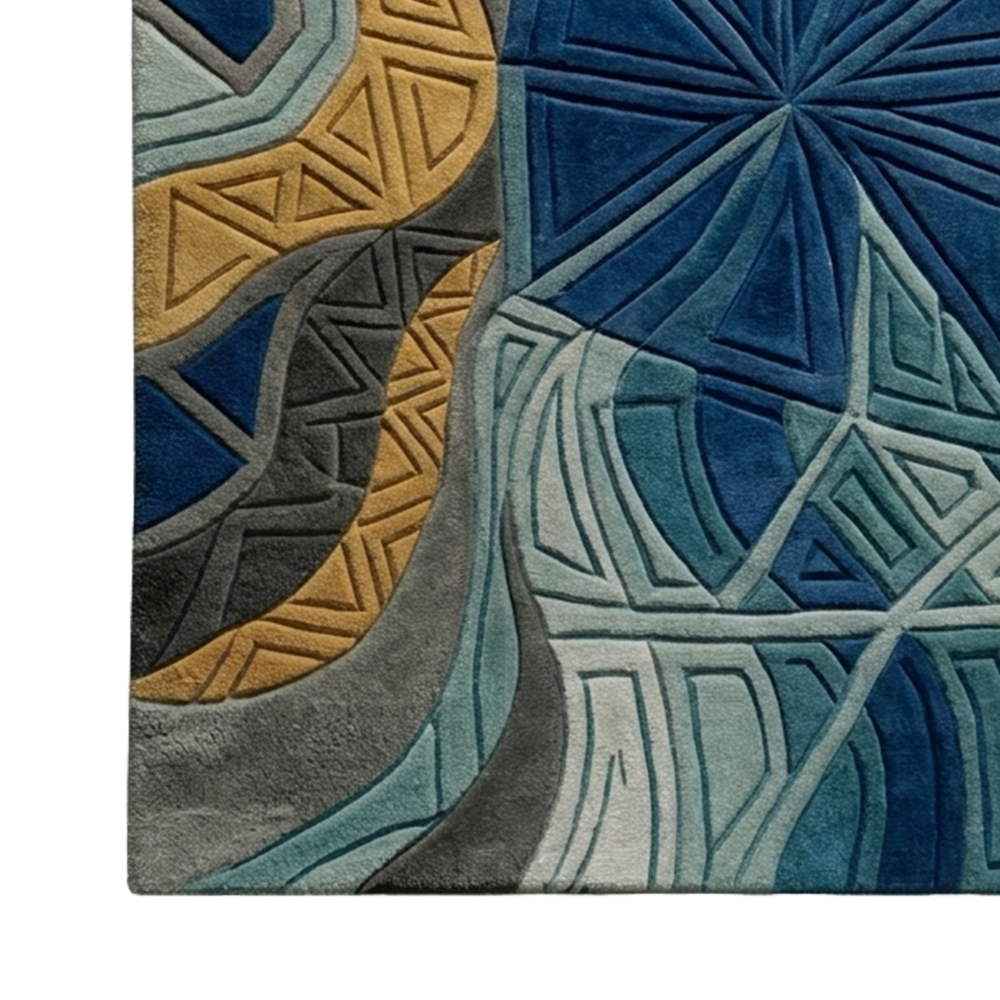 Abstract Floral Area Rug, Blue Grey & Gold, Modern Living Room Carpet
