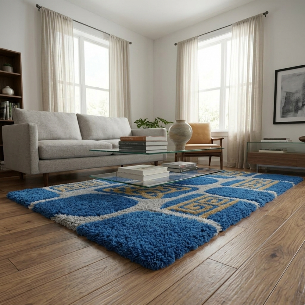 Modern Geometric Area Rug, Blue Grey & Gold Greek Key Design