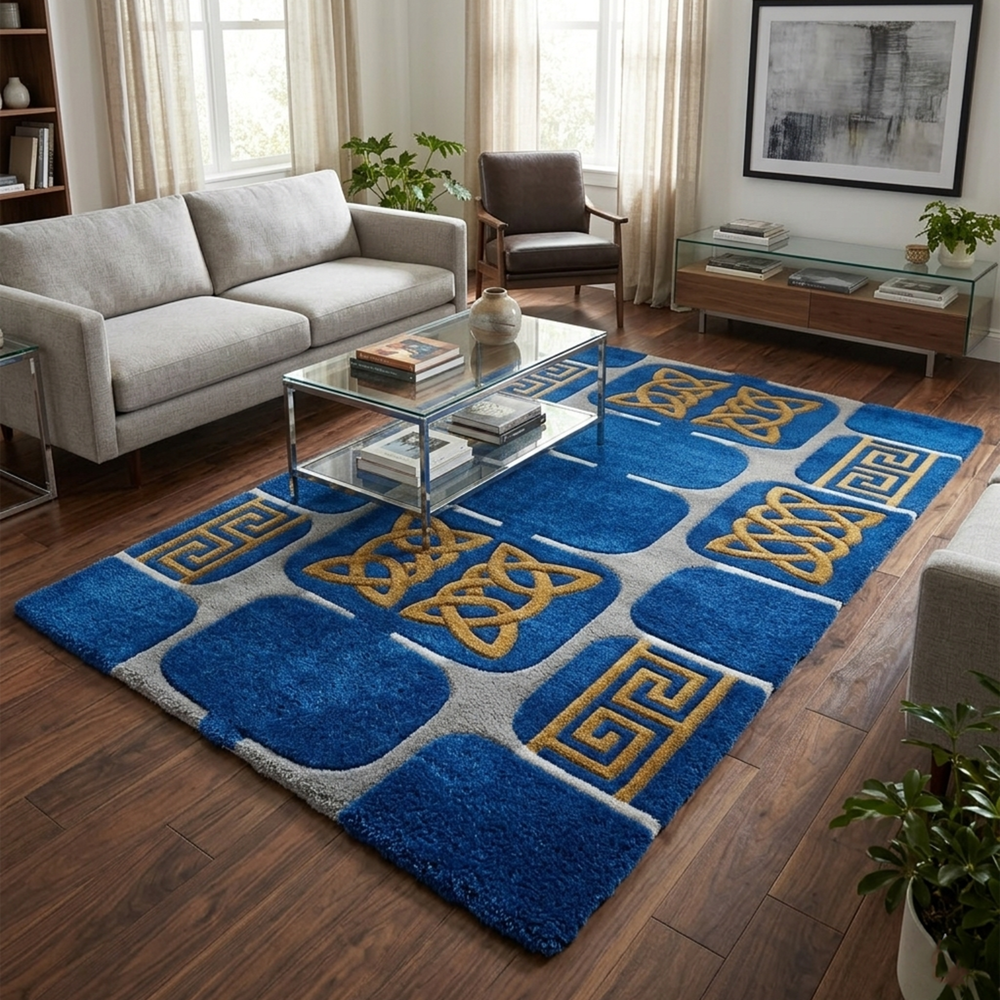 Modern Geometric Area Rug, Blue Grey & Gold Greek Key Design