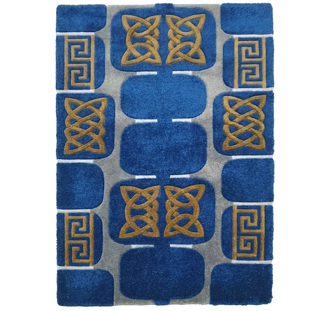Modern Geometric Area Rug, Blue Grey & Gold Greek Key Design