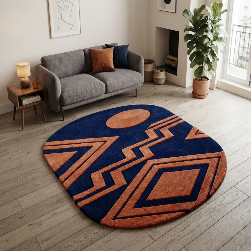 Modern Geometric Oval Area Rug  Navy Blue & Terracotta