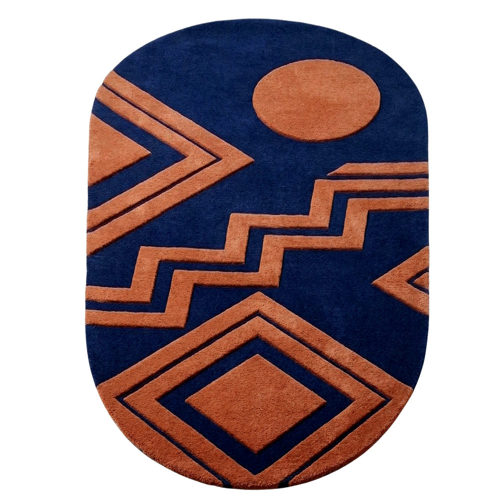 Modern Geometric Oval Area Rug Navy Blue & Terracotta