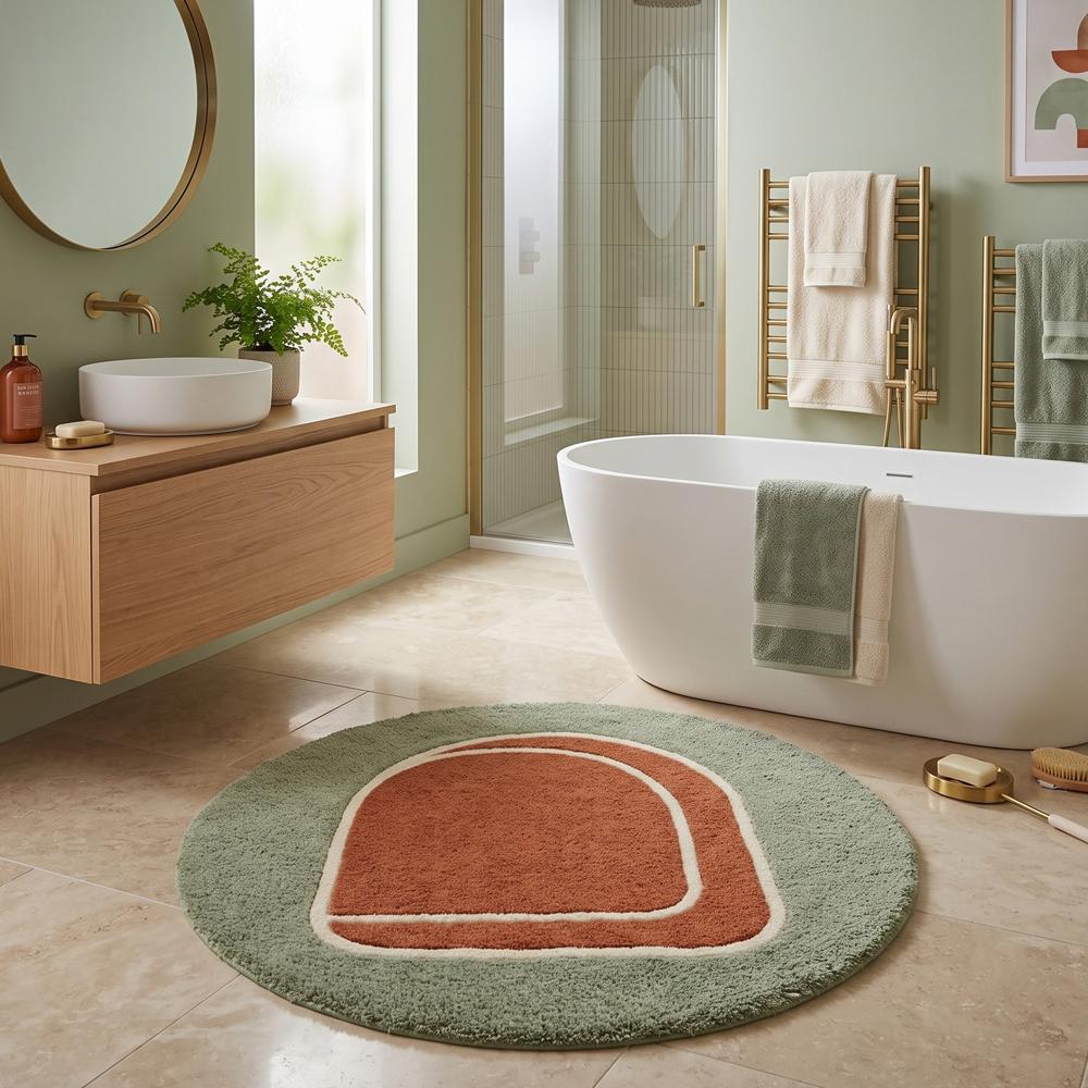 Hand Tufted Oval Area Rug Green and Terracotta Abstract Design