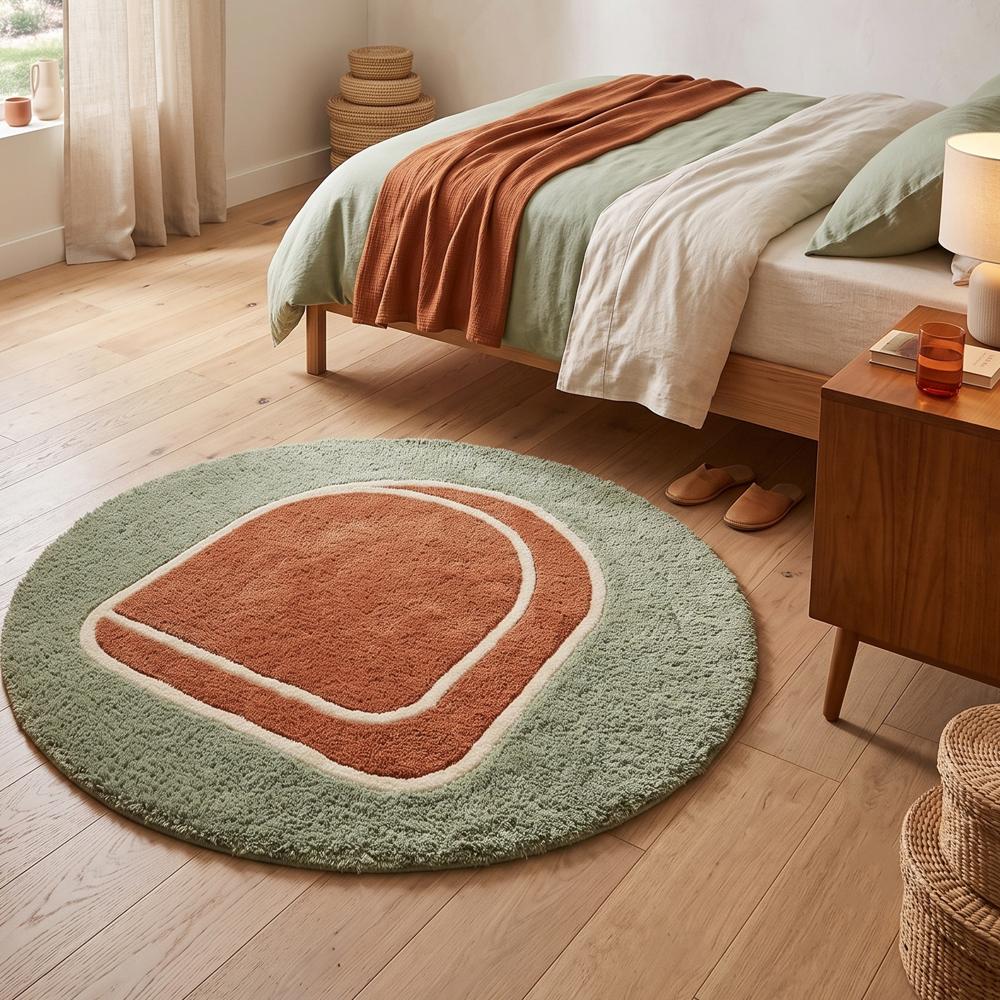 Hand Tufted Oval Area Rug Green and Terracotta Abstract Design