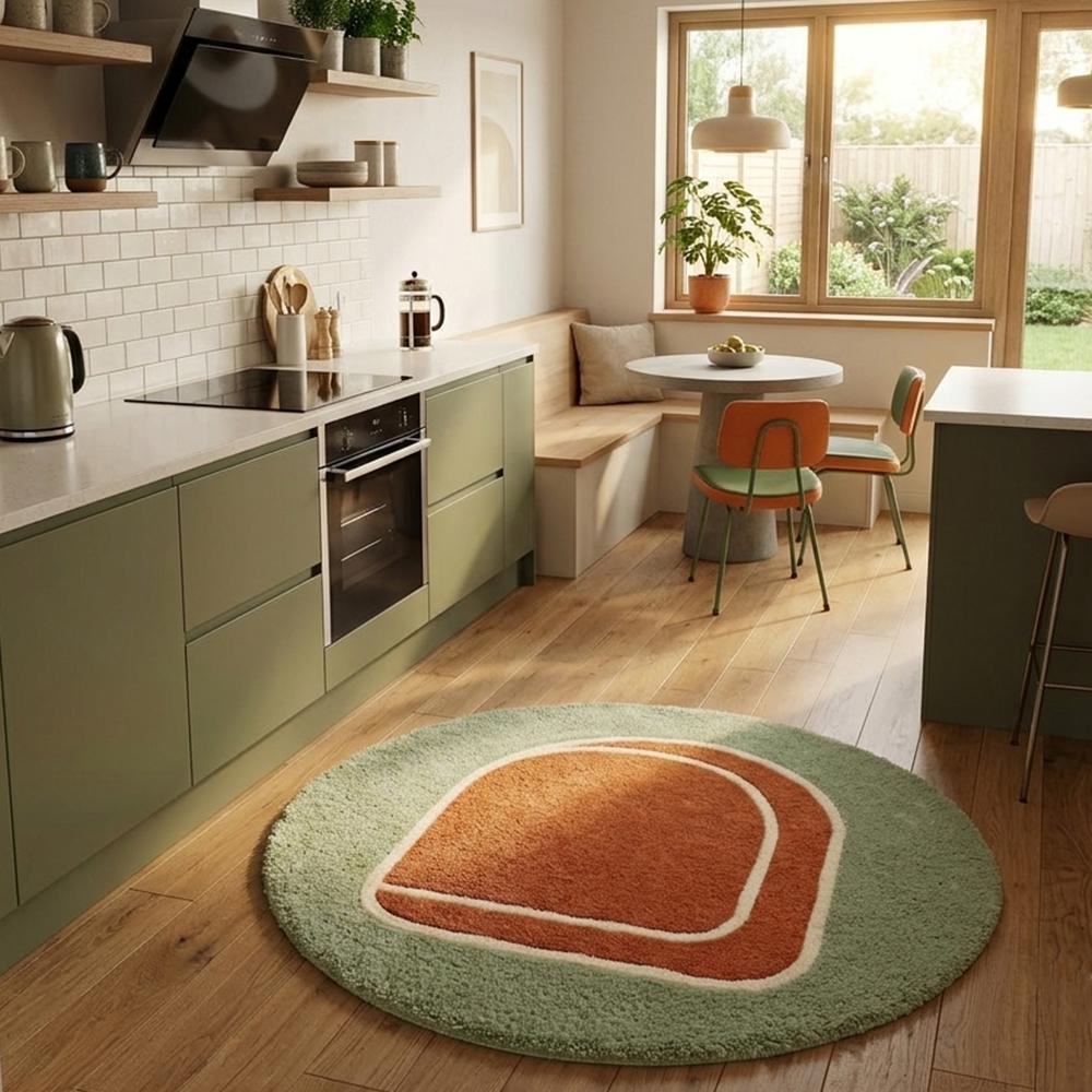 Hand Tufted Oval Area Rug Green and Terracotta Abstract Design