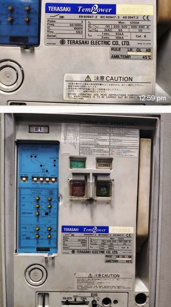 Terasaki Tempower Ar212S 1250A 3P Air Circuit Breaker - Application: Marine Vessel Main Switchboards & Generator Protection Panels