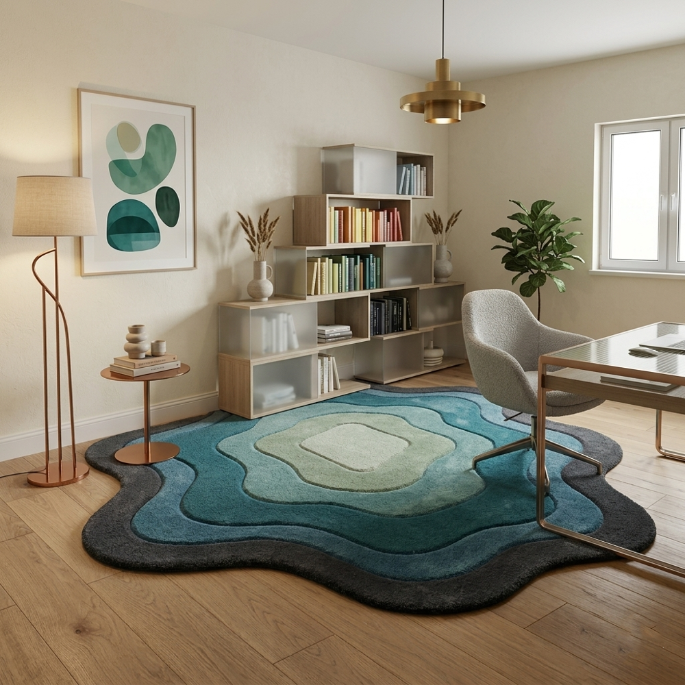 MAKE PLEASE TAITAL Hand Tufted Wave Shape Area Rug Blue Green Abstract Design