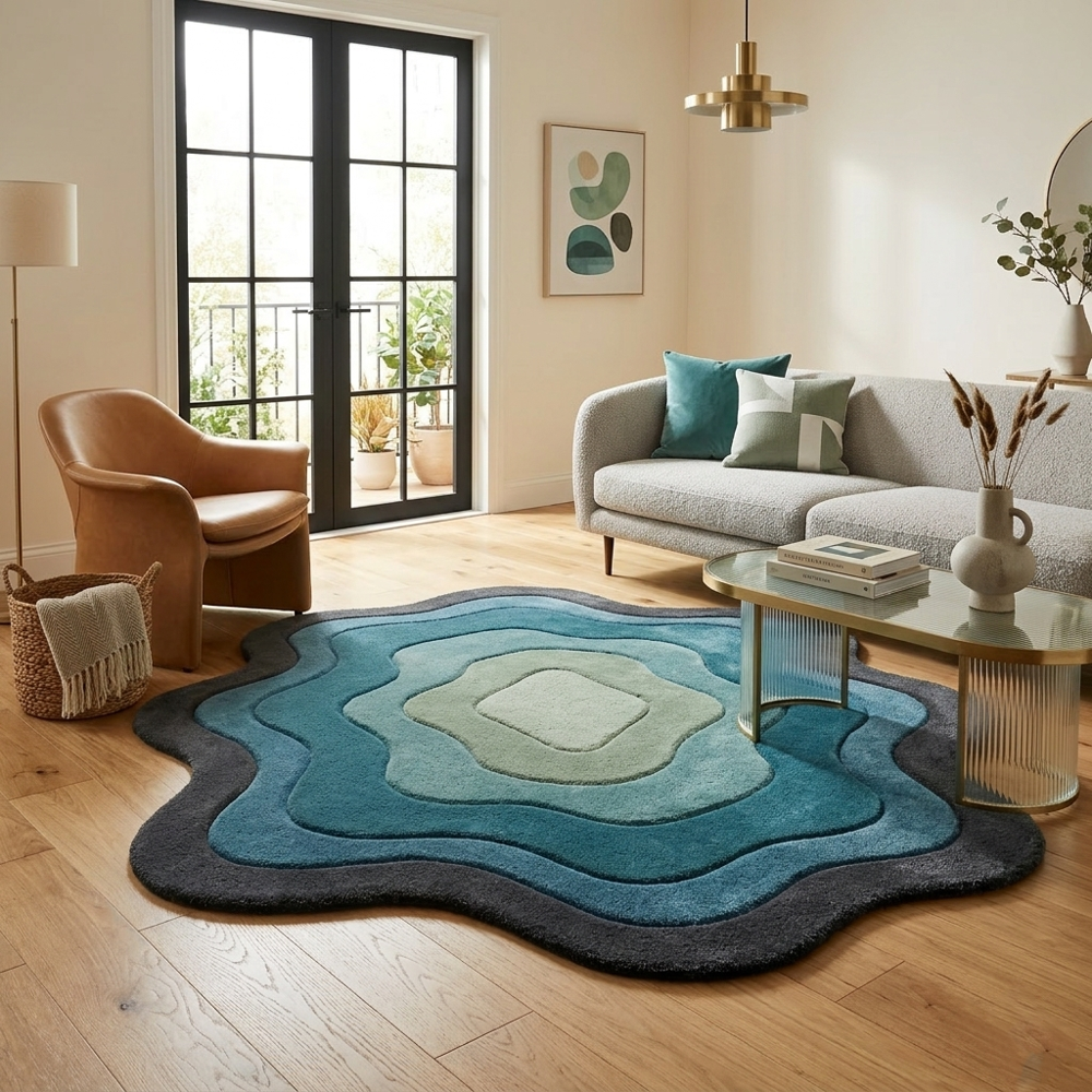 MAKE PLEASE TAITAL Hand Tufted Wave Shape Area Rug Blue Green Abstract Design