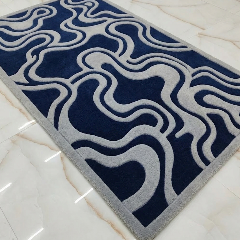 Hand Tufted Abstract Area Rug Navy and Gray Modern Design