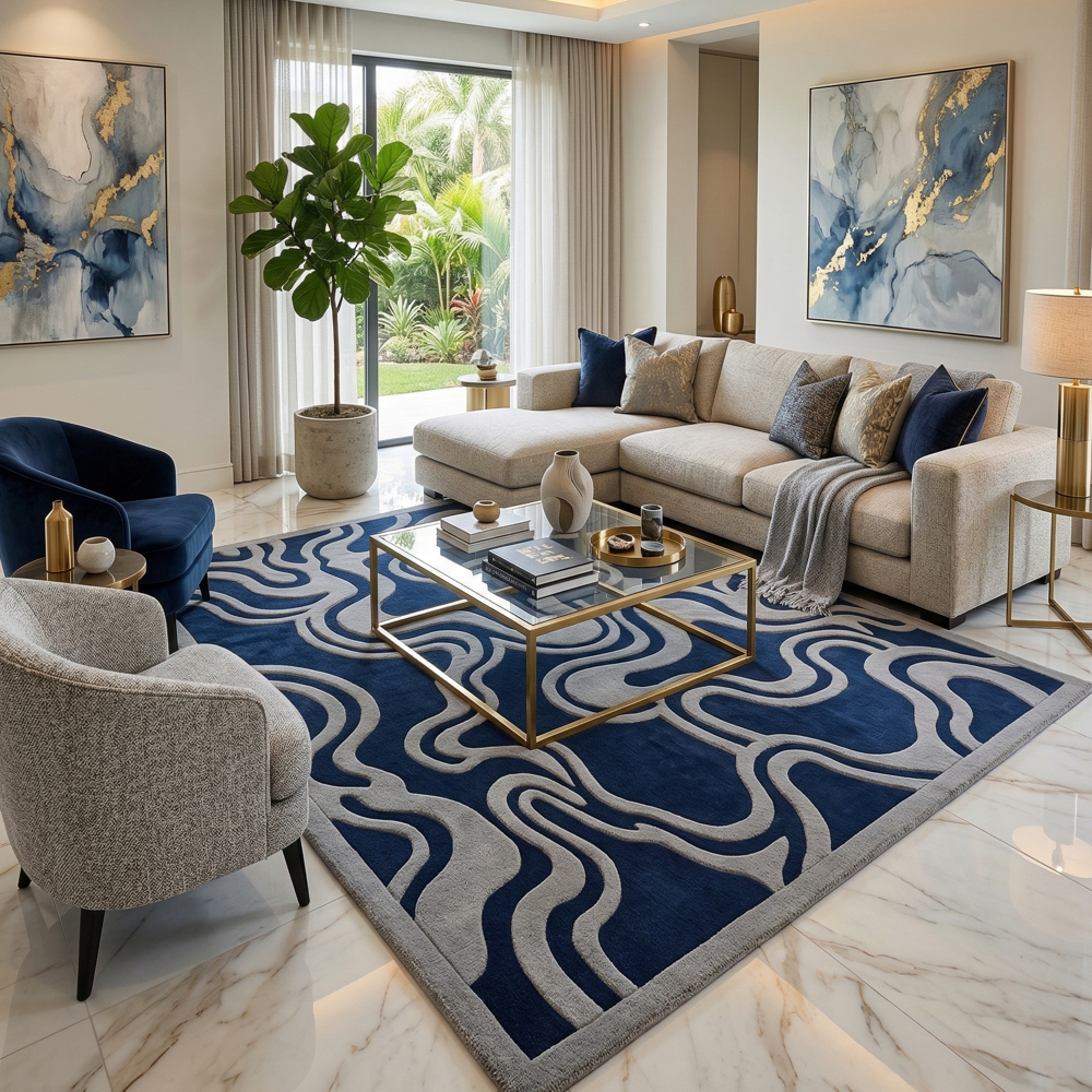 Hand Tufted Abstract Area Rug Navy and Gray Modern Design